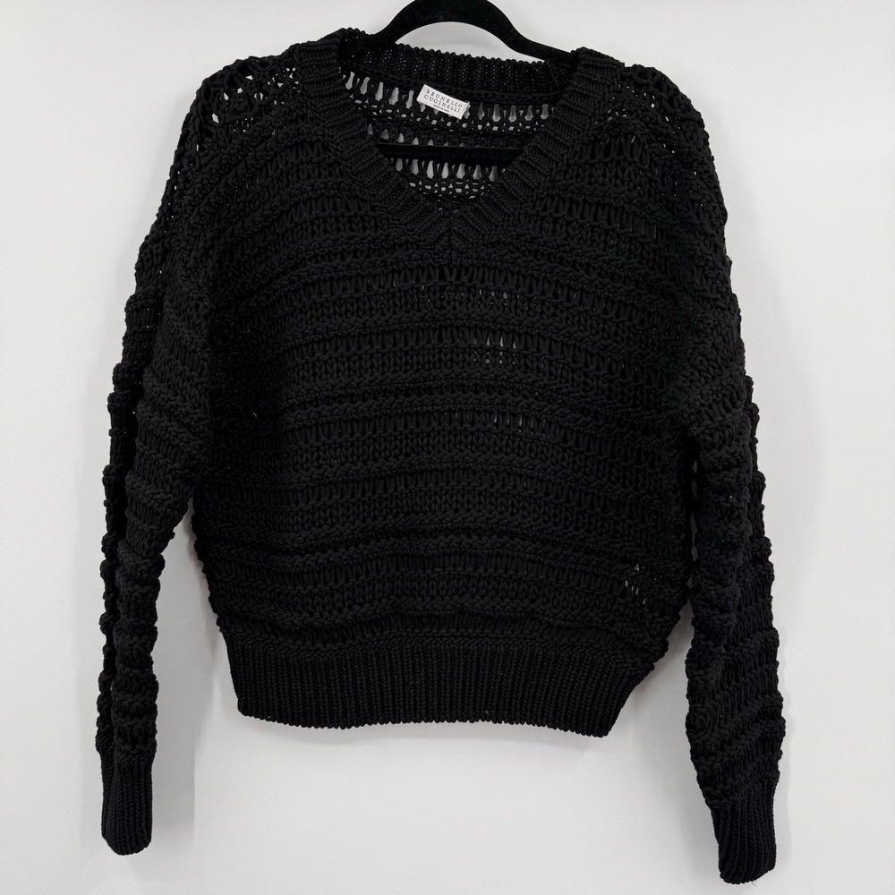 Brunello Cucinelli Sweater Womens Small Black Open-Knit V-Neck Relaxed Crochet